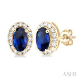 Oval Shape Gemstone & Halo Diamond Stud Earrings