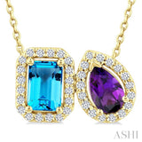 6X4 MM Emerald Cut Blue Topaz and Pear Cut Amethyst and 1/5 Ctw Toi Et Moi Round Cut Diamond Halo Fashion Pendant With Chain in 14K Yellow Gold