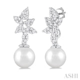 8MM Cultured Pearl and 3/8 ctw Round Cut Diamond Lovebright Fashion Earrings in 14K White Gold