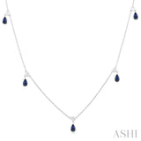 1/4 ctw Round Cut Diamonds and 5X3MM Pear Shape Sapphire Precious Station Necklace in 10K White Gold