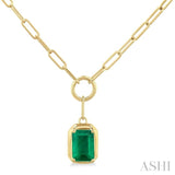 6X4MM Emerald Solitaire Precious Paper Clip Necklace in 10K Yellow Gold