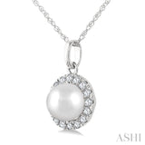 5 MM Cultured White Pearl and 1/20 Ctw Round Cut Diamond Halo Pendant With Chain in 14K White Gold