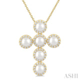 4 MM Cross Cultured Pearl and 1/3 Ctw Round Cut Diamond Fashion Pendant With Chain in 14K Yellow Gold