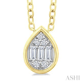 1/6 Ctw Petite Bezel Set Pear Shape Fusion Baguette and Round Cut Diamond Fashion Pendant With Chain in 10K Yellow Gold