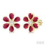 4X3 MM Floral Blossom Pear Cut Ruby and 1/10 Ctw Round Cut Diamond Precious Stud Earrings in 14K Yellow Gold