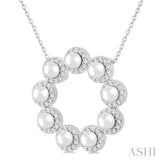 3 MM Round Shape Cultured Pearl and 1/3 Ctw Round Cut Diamond Halo Pendant With Chain in 14K White Gold