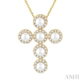 4 MM Round Shape Cultured Pearl and 1/4 Ctw Round Cut Diamond Cross Pendant With Chain in 14K Yellow Gold
