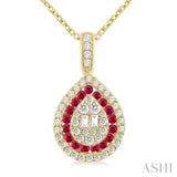 1.25 MM & 1.45 MM Pear Shape Ruby and 1/4 Ctw Baguette and Round Cut Diamond Precious Pendant With Chain in 14K Yellow Gold