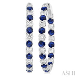 2.9 MM Round Sapphire and 2 5/8 Ctw Round Cut Diamond Inside & Outside Alternating Precious Hoop Earrings in 14K White Gold