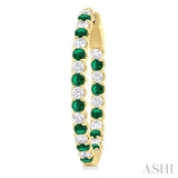 2.1 MM Round Emerald and 1 Ctw Round Cut Diamond Inside & Outside Alternating Precious Hoop Earrings in 14K Yellow Gold