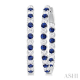 2.1 MM Round Sapphire and 1 Ctw Round Cut Diamond Inside & Outside Alternating Precious Hoop Earrings in 14K White Gold