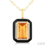 14x10 MM Emerald Cut Citrine and 1/5 ctw Round Cut Diamond Halo & Black Enamel Border Semi Precious Pendant With Chain in 14K Yellow Gold