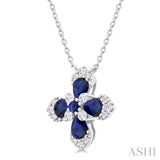 4x3 MM Pear and 2 MM Round Sapphire and 1/6 ctw Round Cut Diamond Floral Blossom Precious Pendant With Chain in 14K white Gold