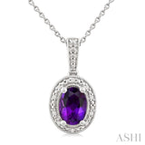 7X5 MM Oval Shape Amethyst and 1/50 Ctw Round Cut Diamond Semi-precious Pendant With Chain in Sterling Silver